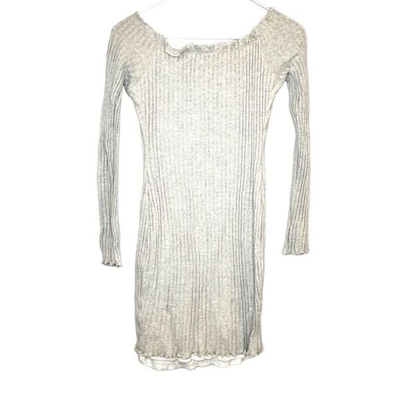 Fashion Nova Long Sleeve Lettuce Edge Off the Shoulder Beige Mini Dress Medium - Picture 2 of 3